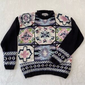VTG Karen Scott Hand Knit Patchwork Sweater 90s Cottagecore Whimsy Granny Sz L